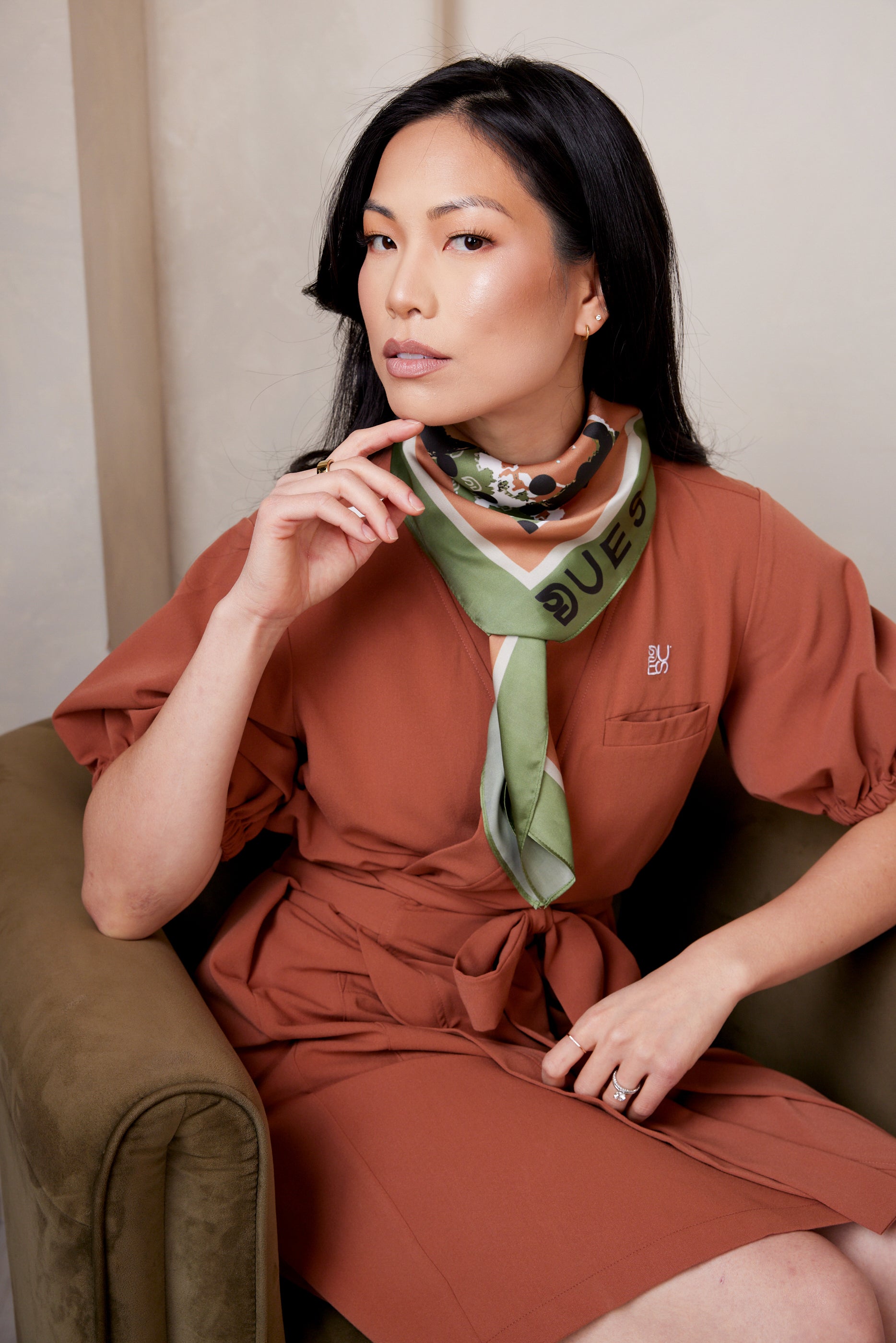 Signature Scarf by DUES – luxury oversized scarf sewn in the USA, crafted from soft lightweight fabric with a bold multi-tonal design, perfect for wrapping, knotting, or draping in multiple styles.